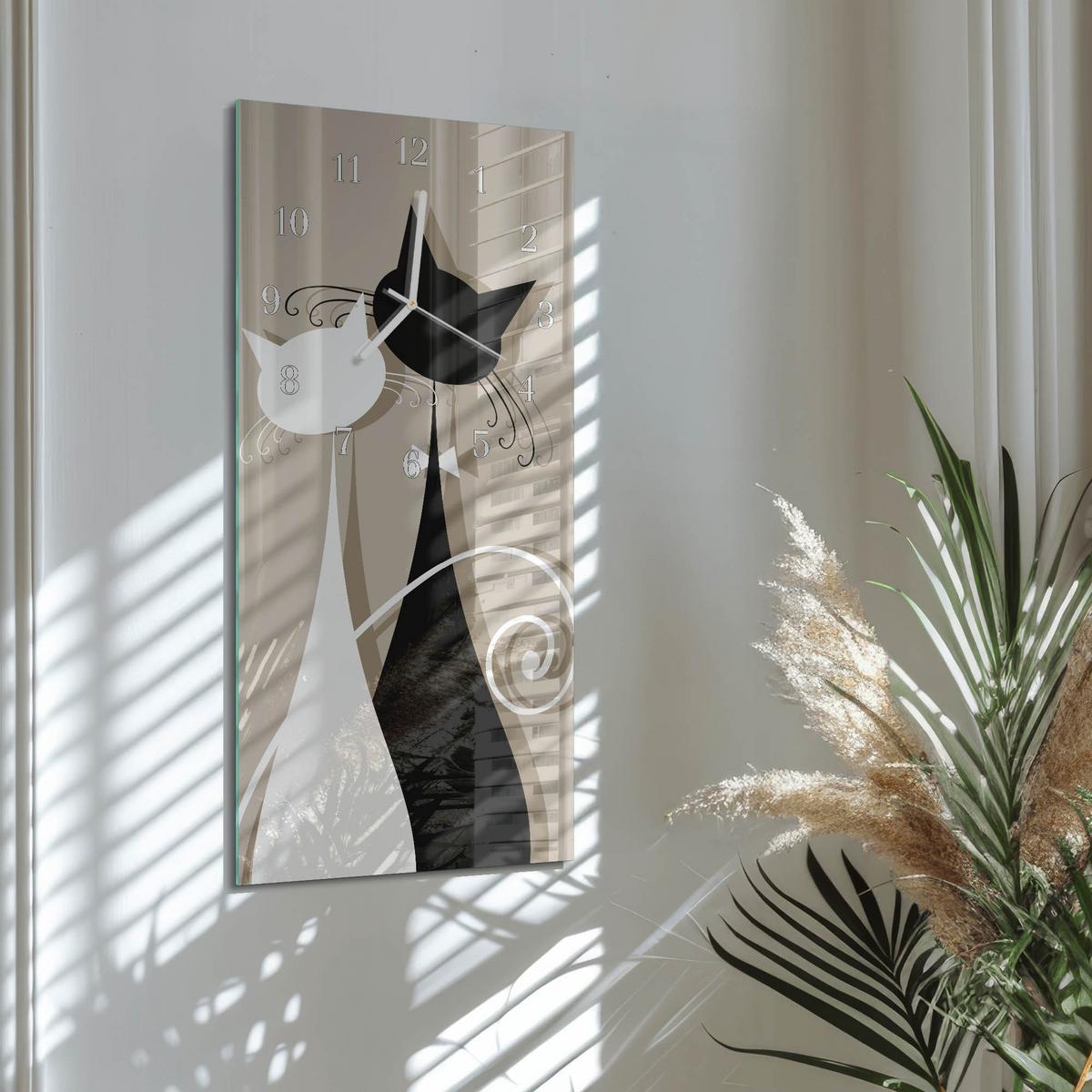 WANDUHR aus Glas 30x60 cm - Katzen - Beige, Glas (30/60/0.4cm) - TULUP