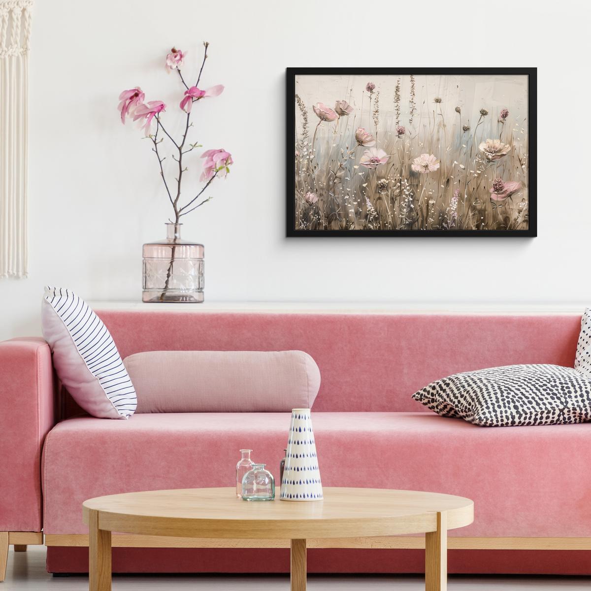POSTER MIT RAHMENGERAHMTES BILD Blumen - Rosa - Modern - Beige 60x40 cm - Beige, Papier (60/40cm) - MuchoWow