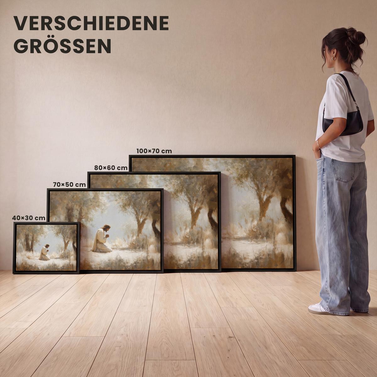 LEINWAND Bilder mit Rahmen - Jesus - Kniend - Waldlandschaft - Betend - 70x50 - Beige, Textil (70/50cm) - MuchoWow