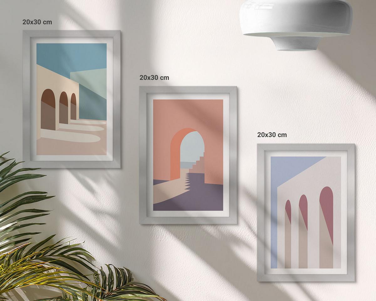 BILDER SET 3er Set - 20x30 cm Silberner Rahmen - Architekturgrafiken in Pastellfarben - Silberfarben, Kunststoff (20/30cm) - TULUP