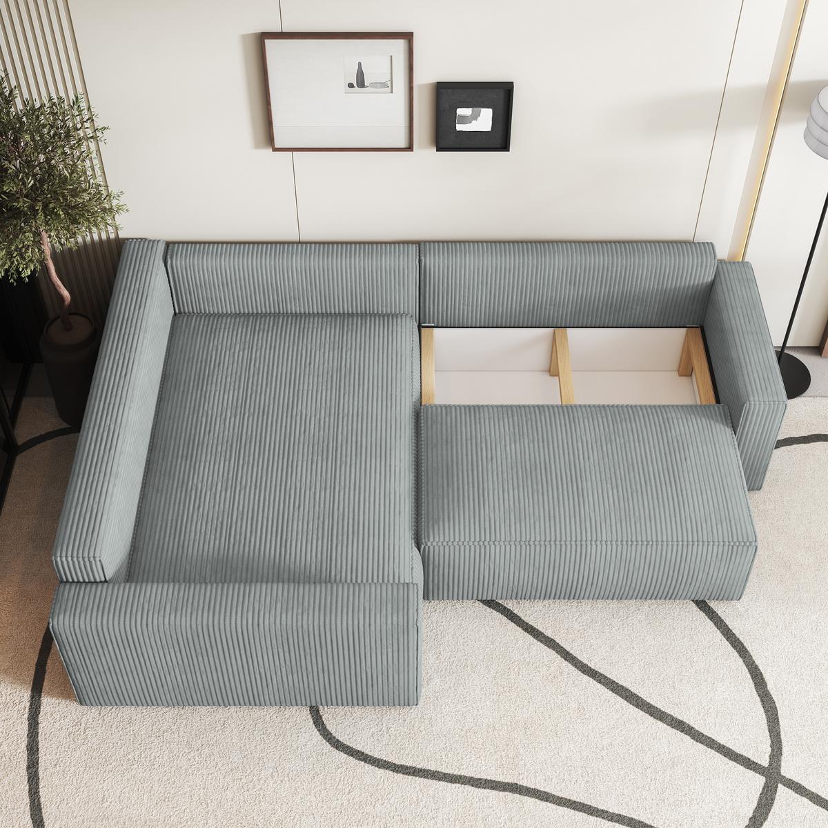 ECKSOFA ERONIS L-S Hellgrau Kordstoff mit Schlaffunktion - Hellgrau, Holz (265/194cm) - MASSENO