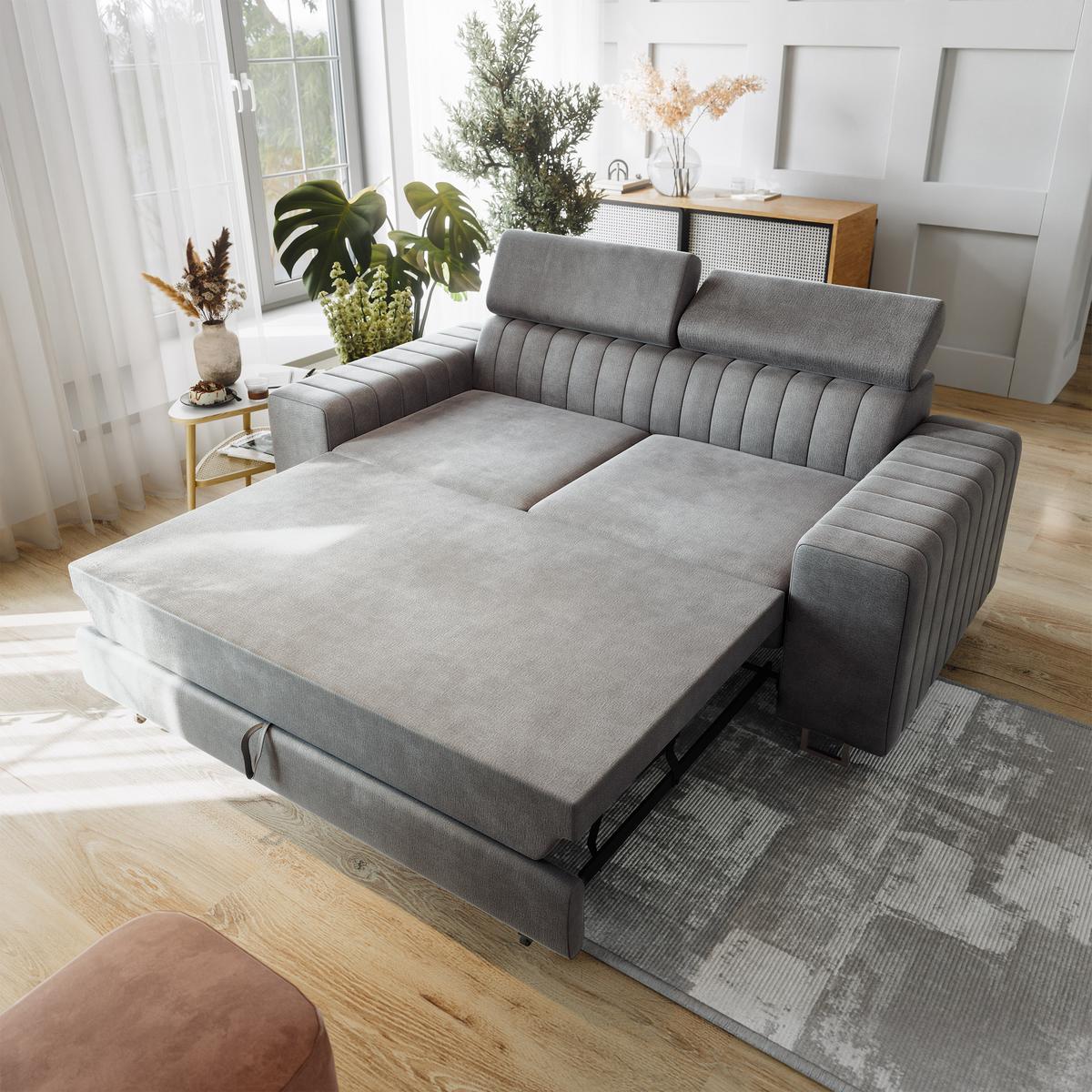 BETTSOFA SOLAN Hellgrau Velours-Stoff mit Schlaffunktion - Hellgrau, Holz/Textil (194/88/90cm) - MASSENO