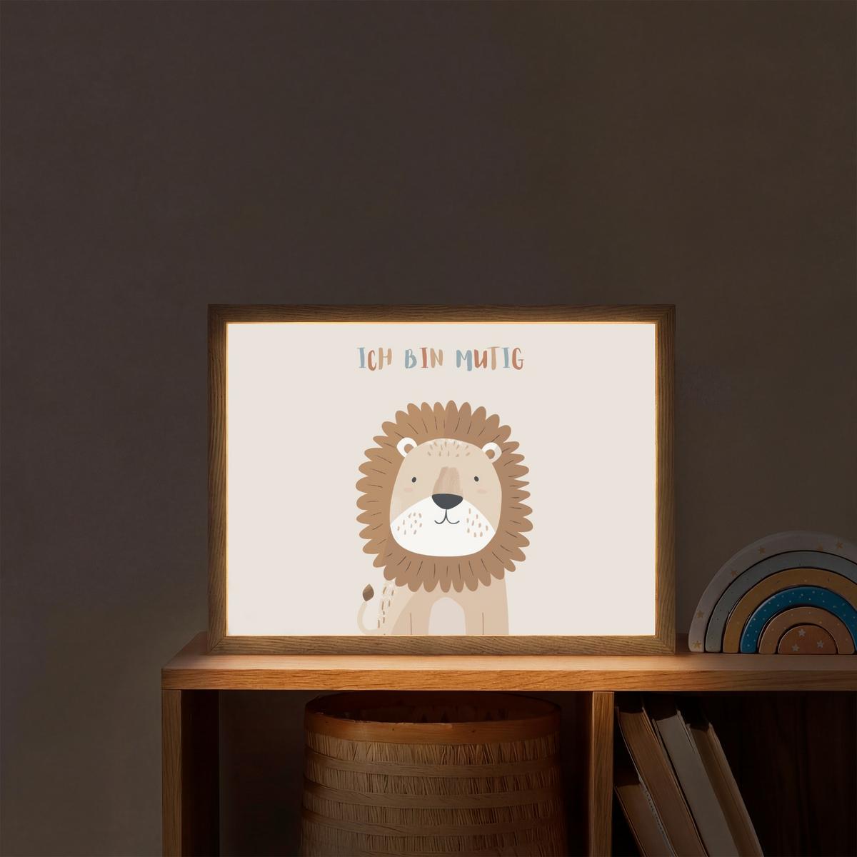 NACHTTISCHLAMPE MIT AKKU Löwe - Beige - Tier - Mutig - Zitat 40x30 cm - Beige, Holzwerkstoff (8/40/30cm) - OnlyWow