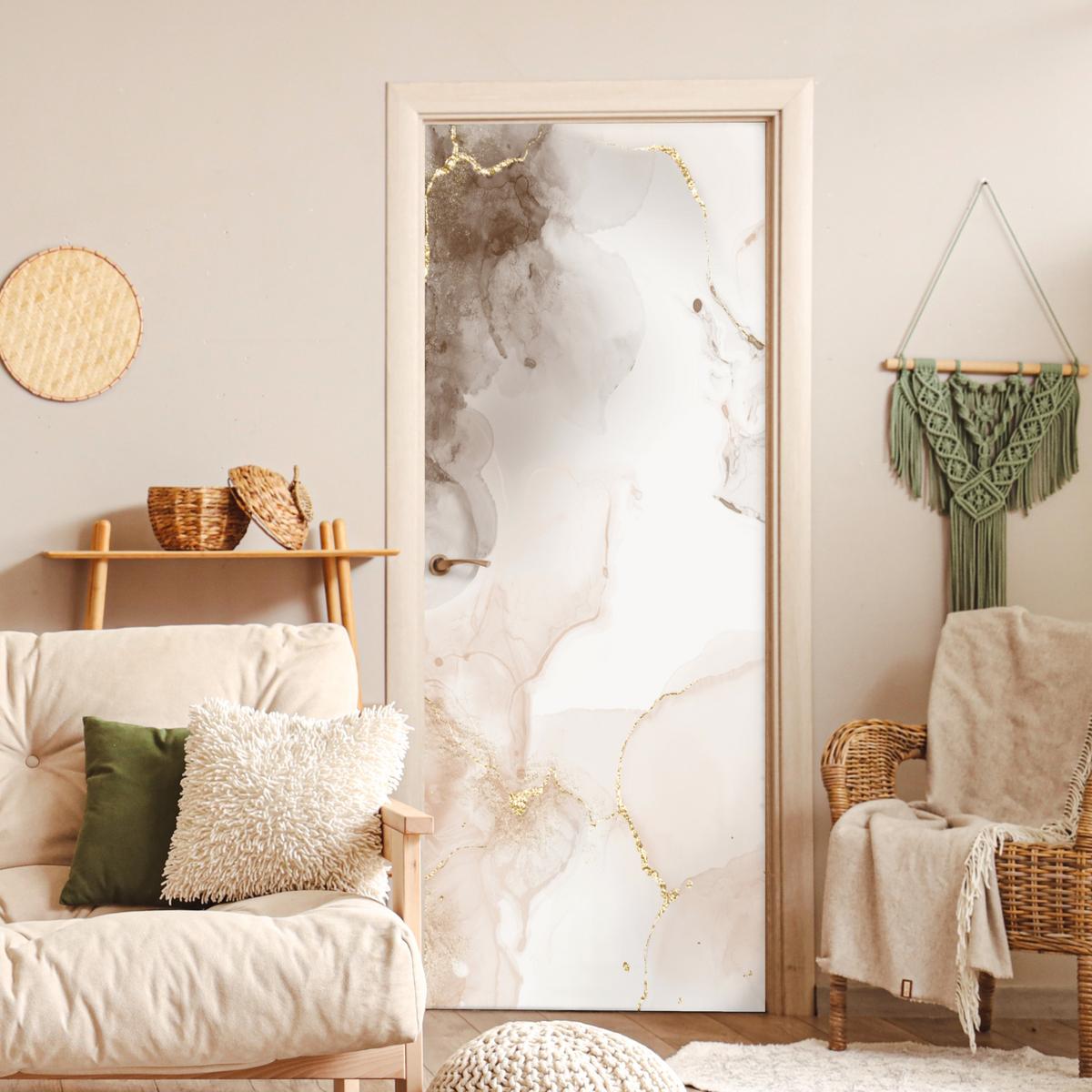 TÜRAUFKLEBER Marmor - Braun - Linie 80x215 cm - Türtapete - Champagner, Kunststoff (80/0.1cm) - MuchoWow