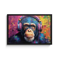 POSTER MIT RAHMENGERAHMTES BILD Graffiti - Schimpanse - Straßenkunst - Kopfhörer - Affe 60x40 cm - Blau, Papier (60/40cm) - MuchoWow