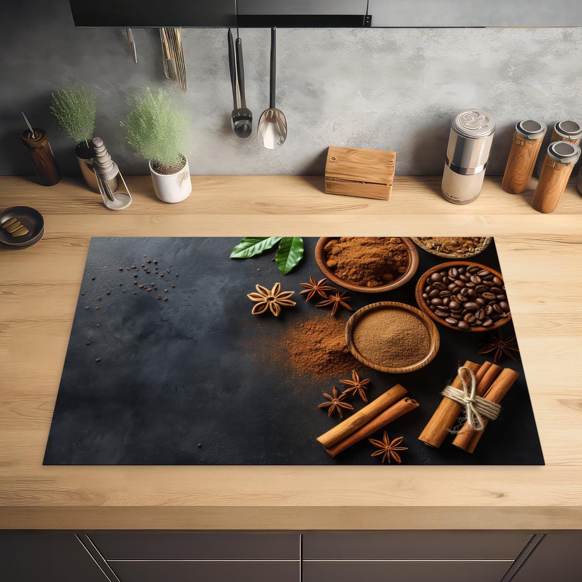 HERDABDECKPLATTE Zimt - Beton - Kaffee - Zimtstangen - Gewürze Abdeckung Ceranfeld 81.2x52 cm - Mokka, Kunststoff (81.2/52/0.2cm) - MuchoWow