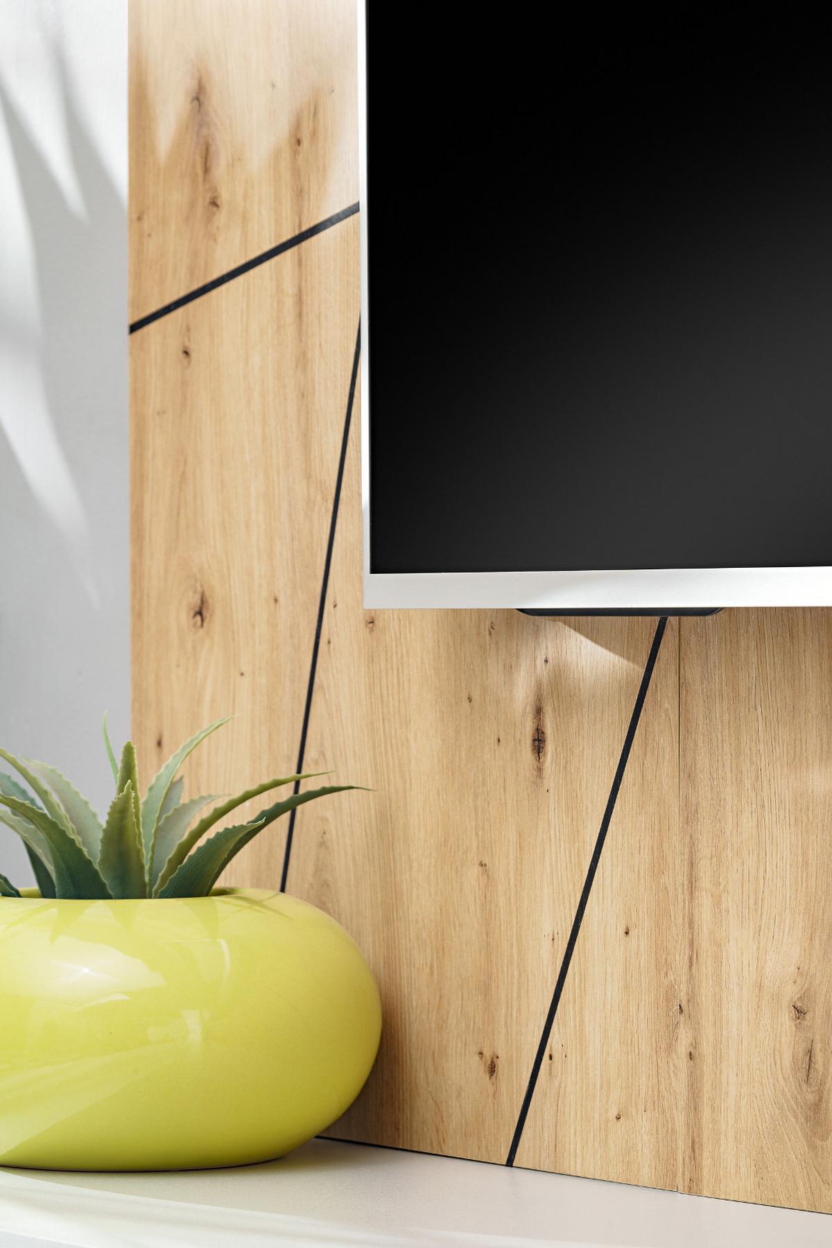 TV-LOWBOARD grau, Eiche Artisan, TV-Unterschrank 160 cm Set mit Ethanol Kamin und Akustikpaneel - Hellgrau/Schwarz, Glas/Holzwerkstoff (160/148/35cm) - Inn.Furn