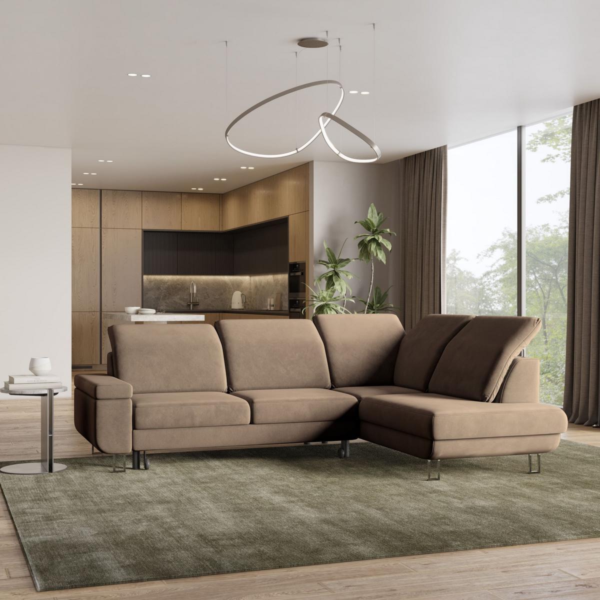 ECKSOFA LERMA R-S Beige Velours-Stoff mit Schlaffunktion - Beige/Silberfarben, Holz/Textil (253/190cm) - MASSENO