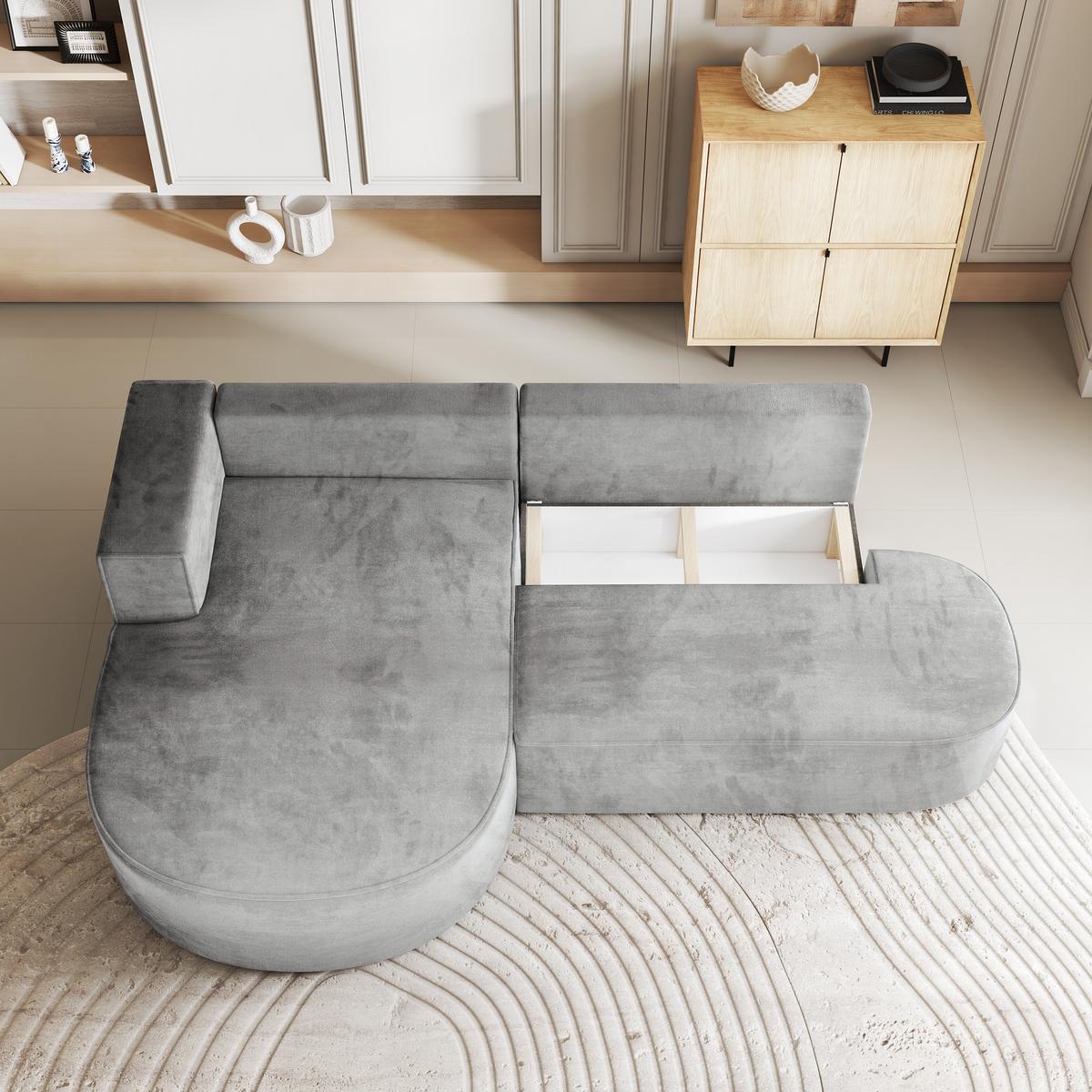 ECKSOFA CORTIO M L-S Hellgrau Velours-Stoff mit Schlaffunktion - Hellgrau/Grau, Holz/Kunststoff (265/174cm) - MASSENO