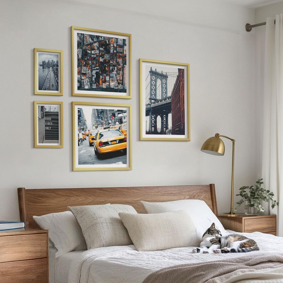 BILDER SET 5er Set - 50x50 cm & 20x30 cm & 40x60 cm Goldrahmen - Brückenstadt-Inschriften aus der Vogelperspektive - Goldfarben, Kunststoff (40/60cm) - TULUP