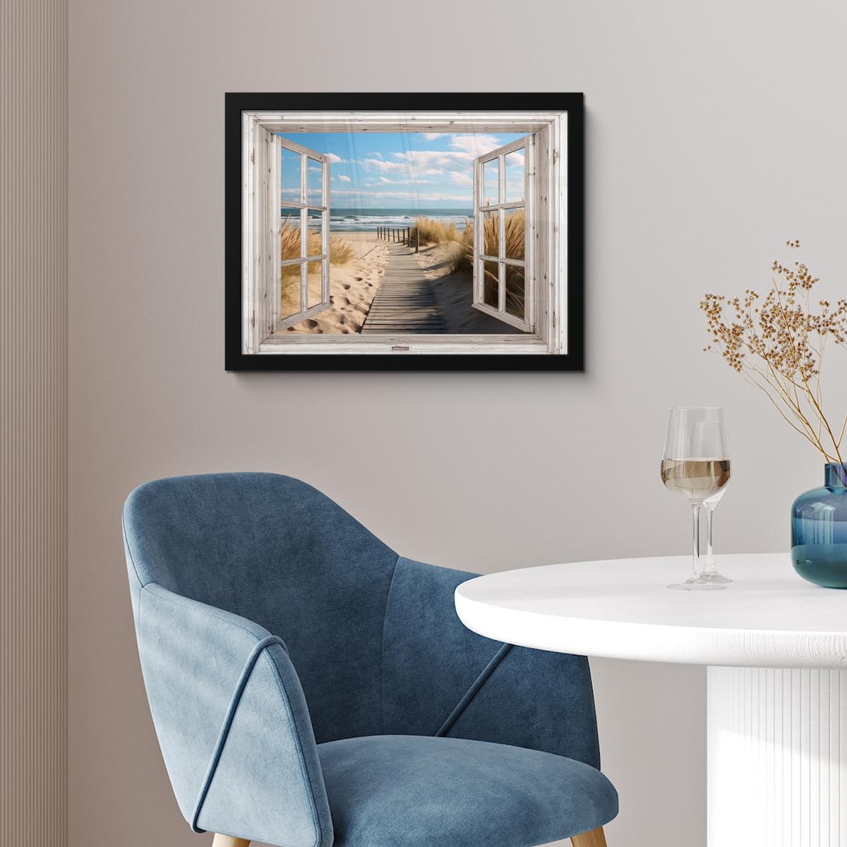 POSTER MIT RAHMENGERAHMTES BILD Fenster - Meer - Küste - Natur - Ausblick - Strand - Wattenmeer 40x30 cm - Beige, Papier (40/30cm) - MuchoWow