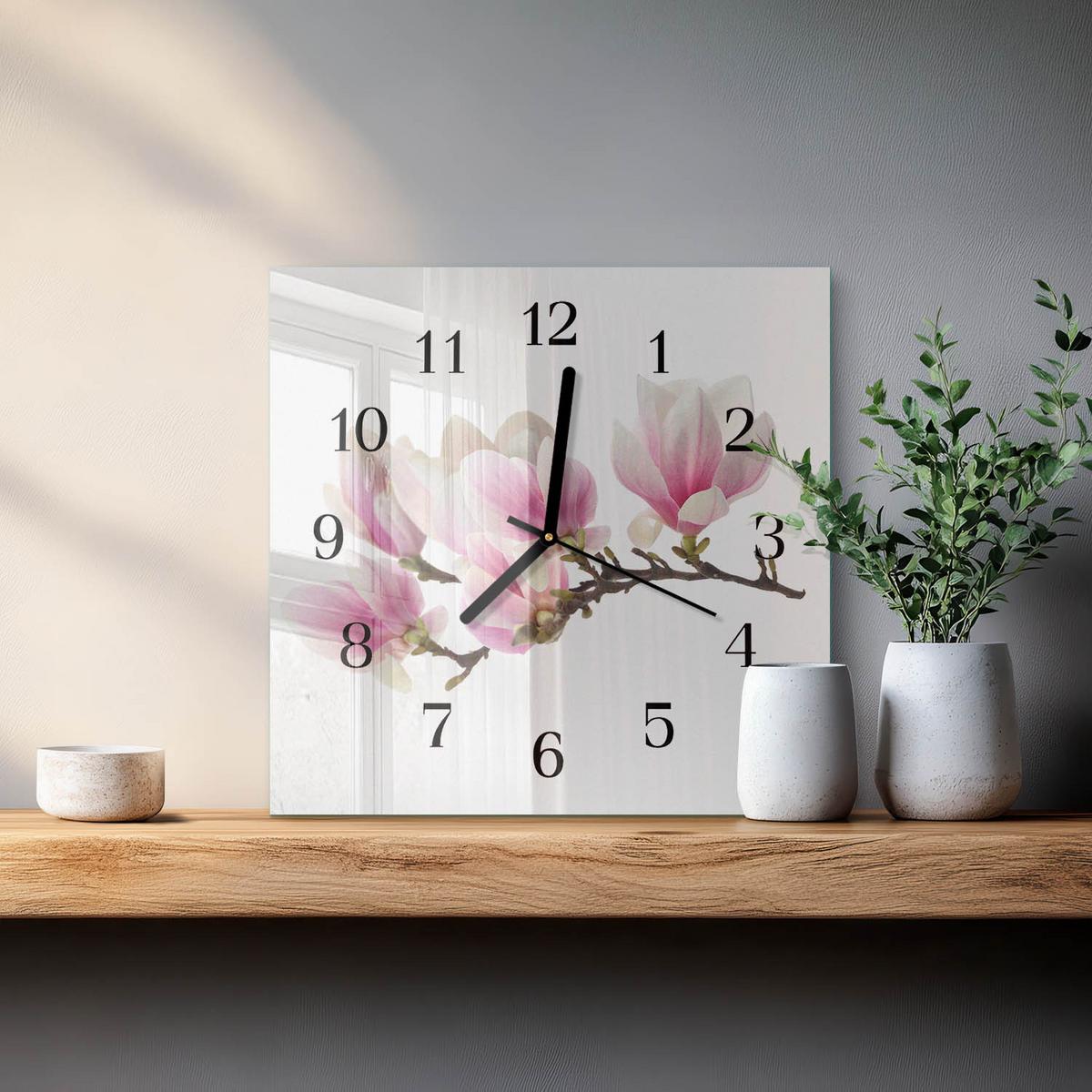 WANDUHR aus Glas 30x30 cm - Magnolie - Pink, Glas (30/30/0.4cm) - TULUP