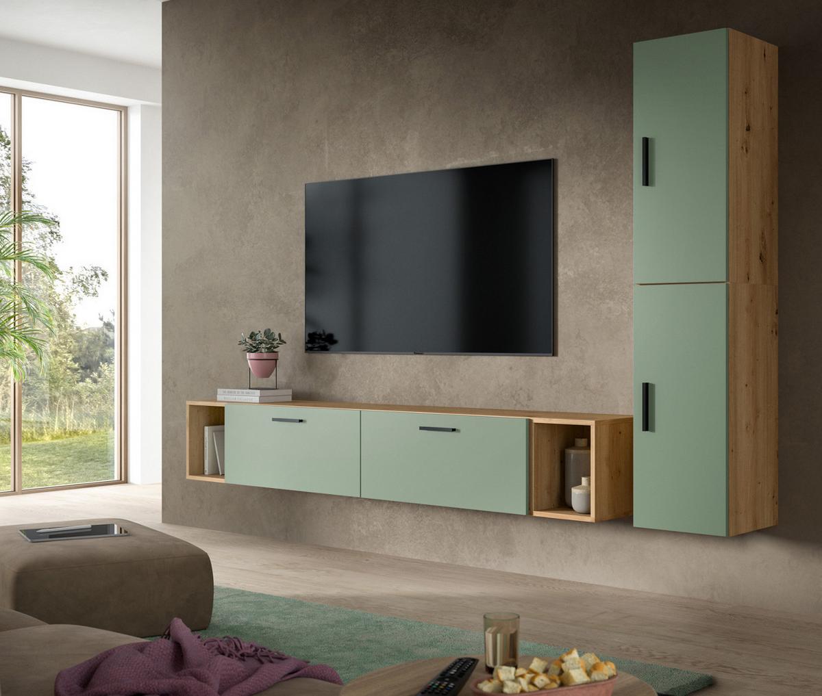 WOHNWAND grün, Eiche Artisan 249 x 184 cm, Wohnkombination hängend / stehend - Schwarz/Eiche Artisan, Holzwerkstoff/Kunststoff (249/184/34cm) - Inn.Furn