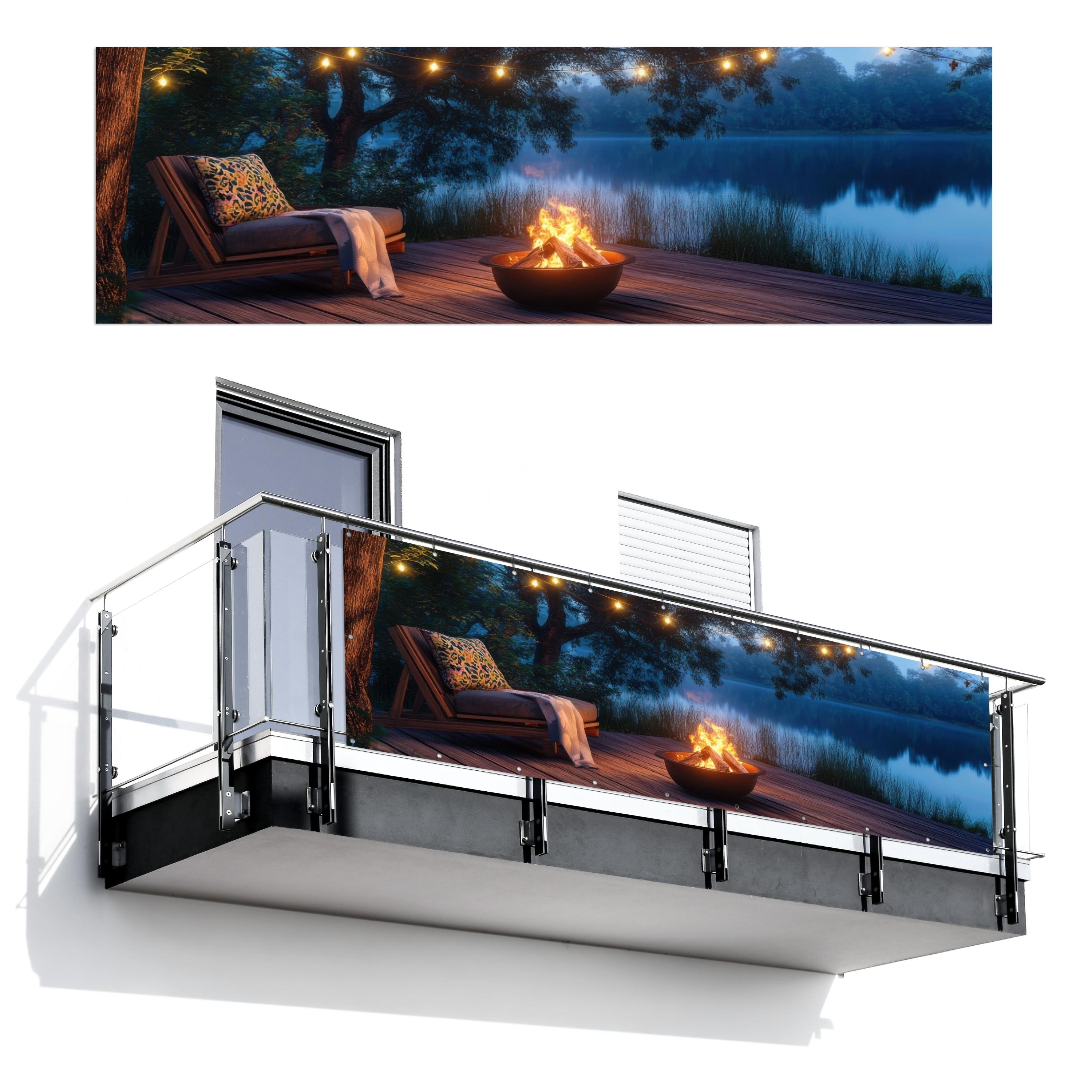 BALKON-SICHTSCHUTZ Lagerfeuer - See - Abendlicht Windschutz 300x90 cm - Dunkelblau, Kunststoff (300/90cm) - MuchoWow
