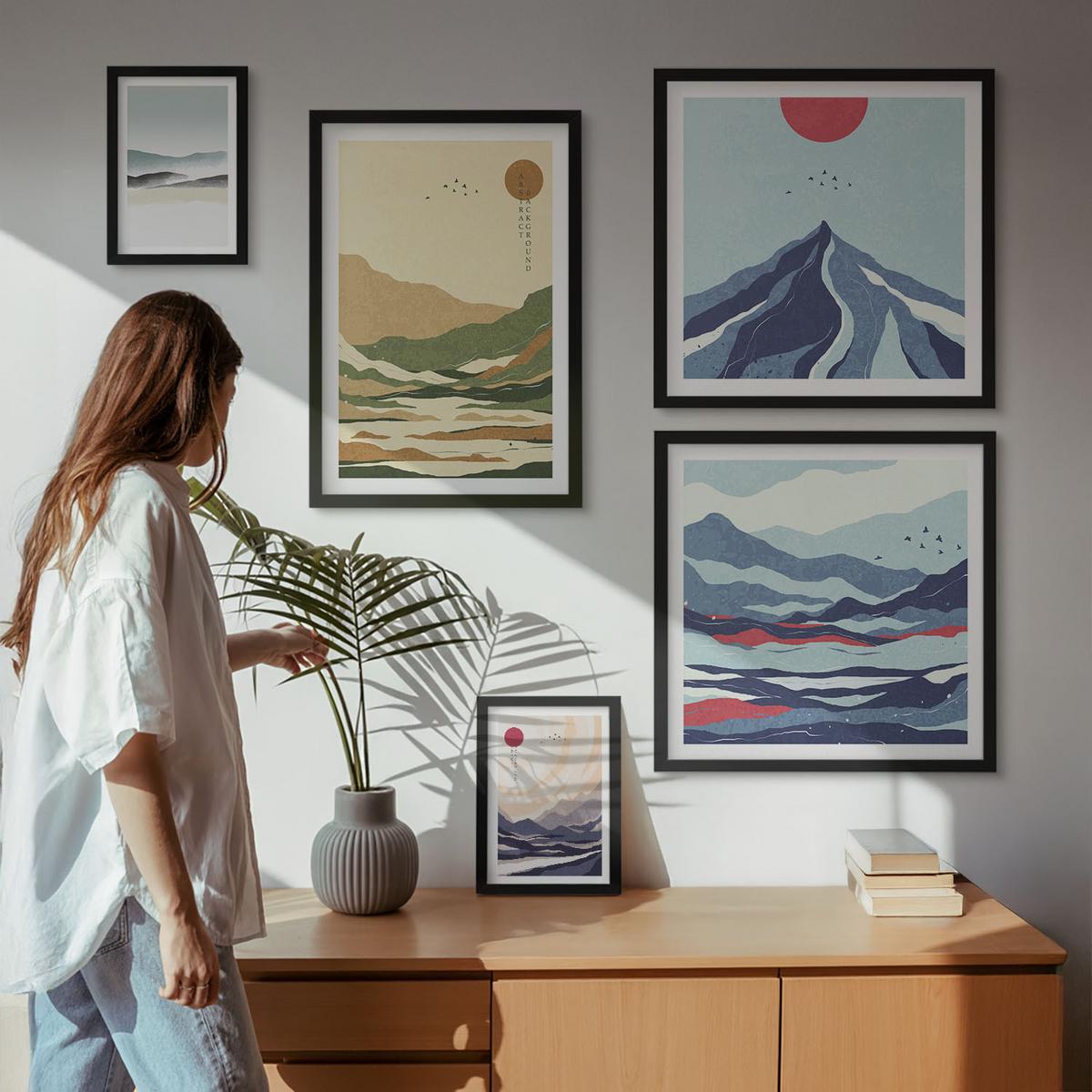 BILDER SET 5er Set - 50x50 cm & 20x30 cm & 40x60 cm Schwarzer Rahmen - Berge minimalistische Pastellfarben - Schwarz, Kunststoff (40/60cm) - TULUP