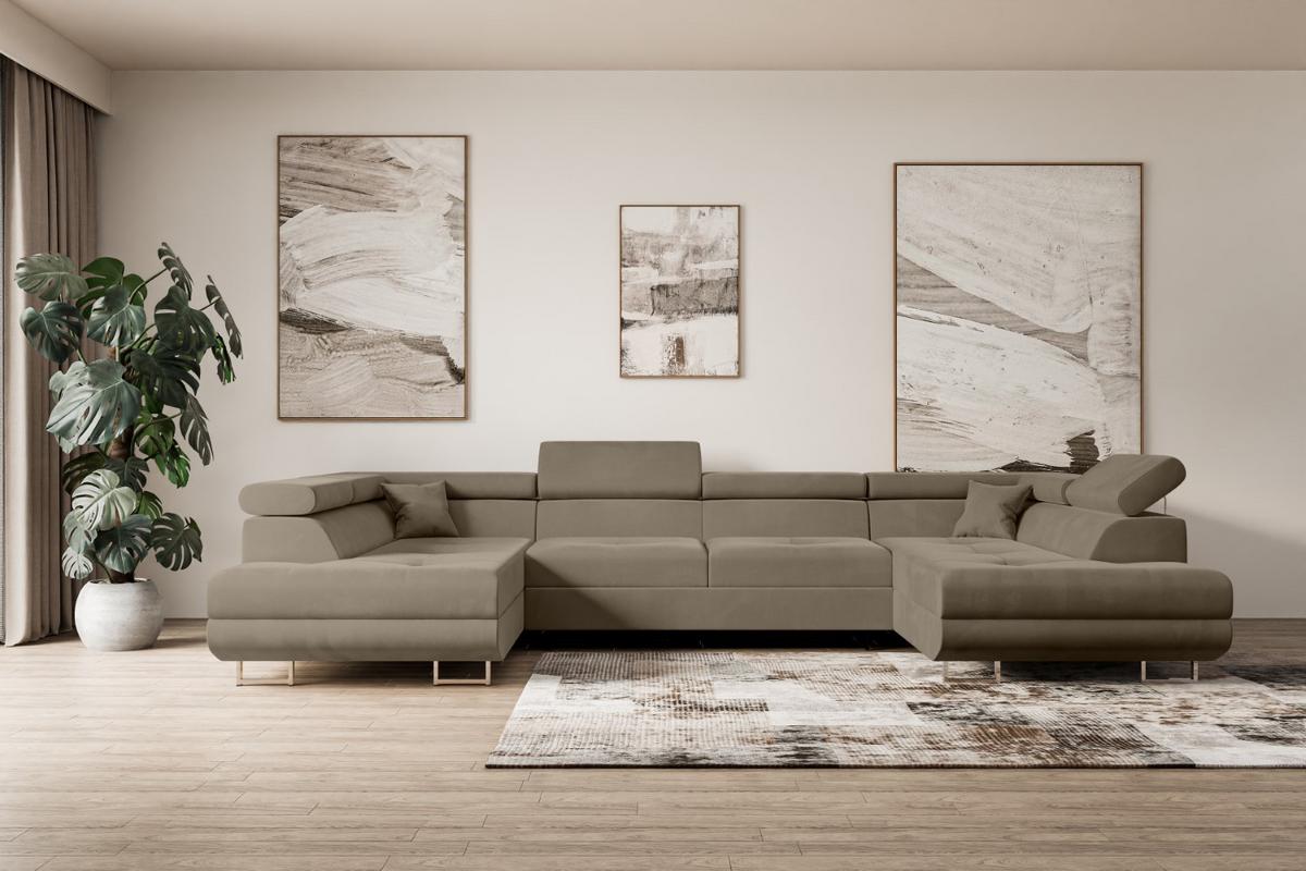 WOHNLANDSCHAFT mit Schlaffunktion und Bettkasten GUSA-U 342x202x107 cm Braun Velours - Silberfarben/Braun, Holzwerkstoff/Textil (342/107/202cm) - ALTDECOR