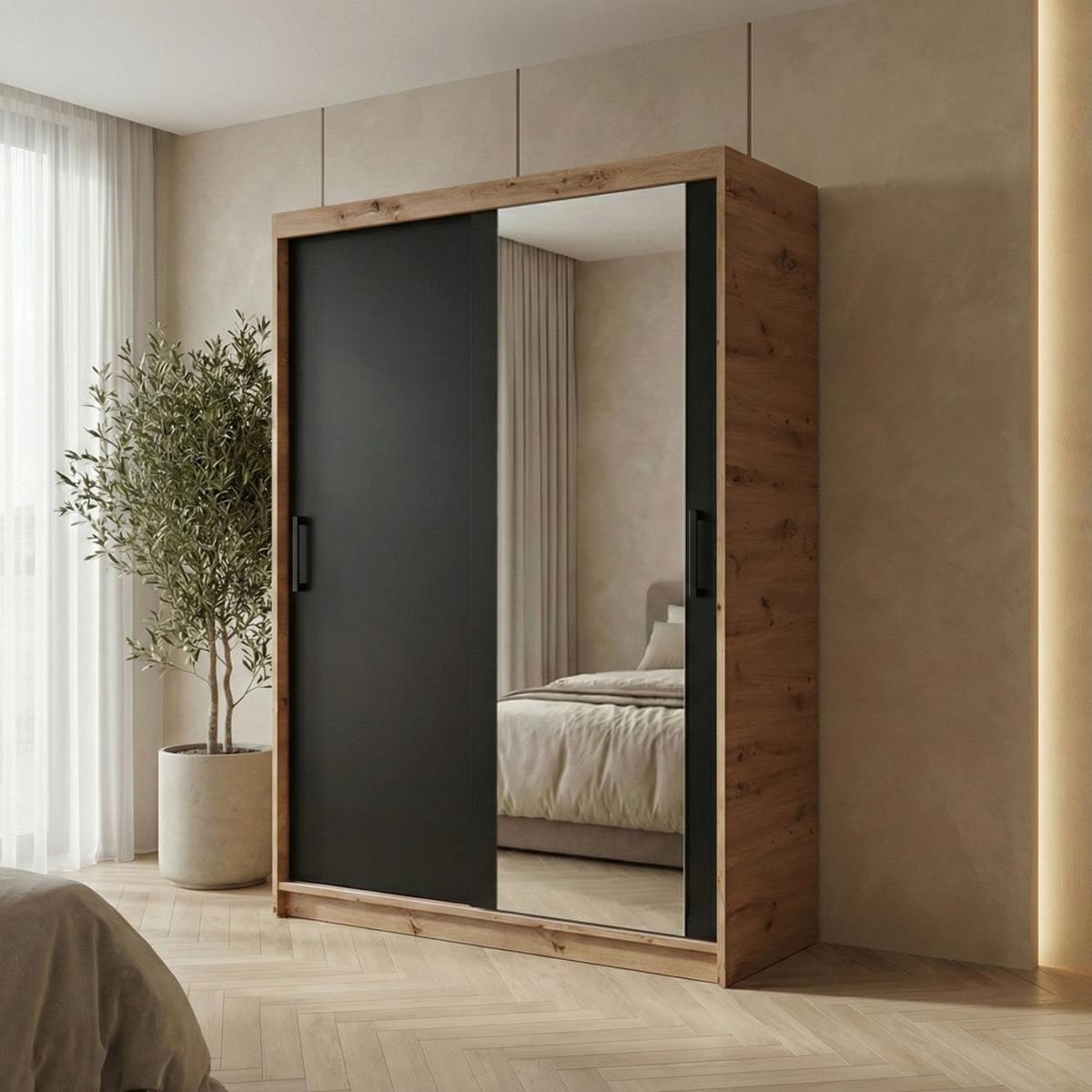 SCHWEBETÜRENSCHRANK Hela mit 2 Türen. 120 cm, eiche Artisan+Schwarz - Schwarz/Eiche Artisan, Holzwerkstoff (120/205/60cm) - Beautysofa