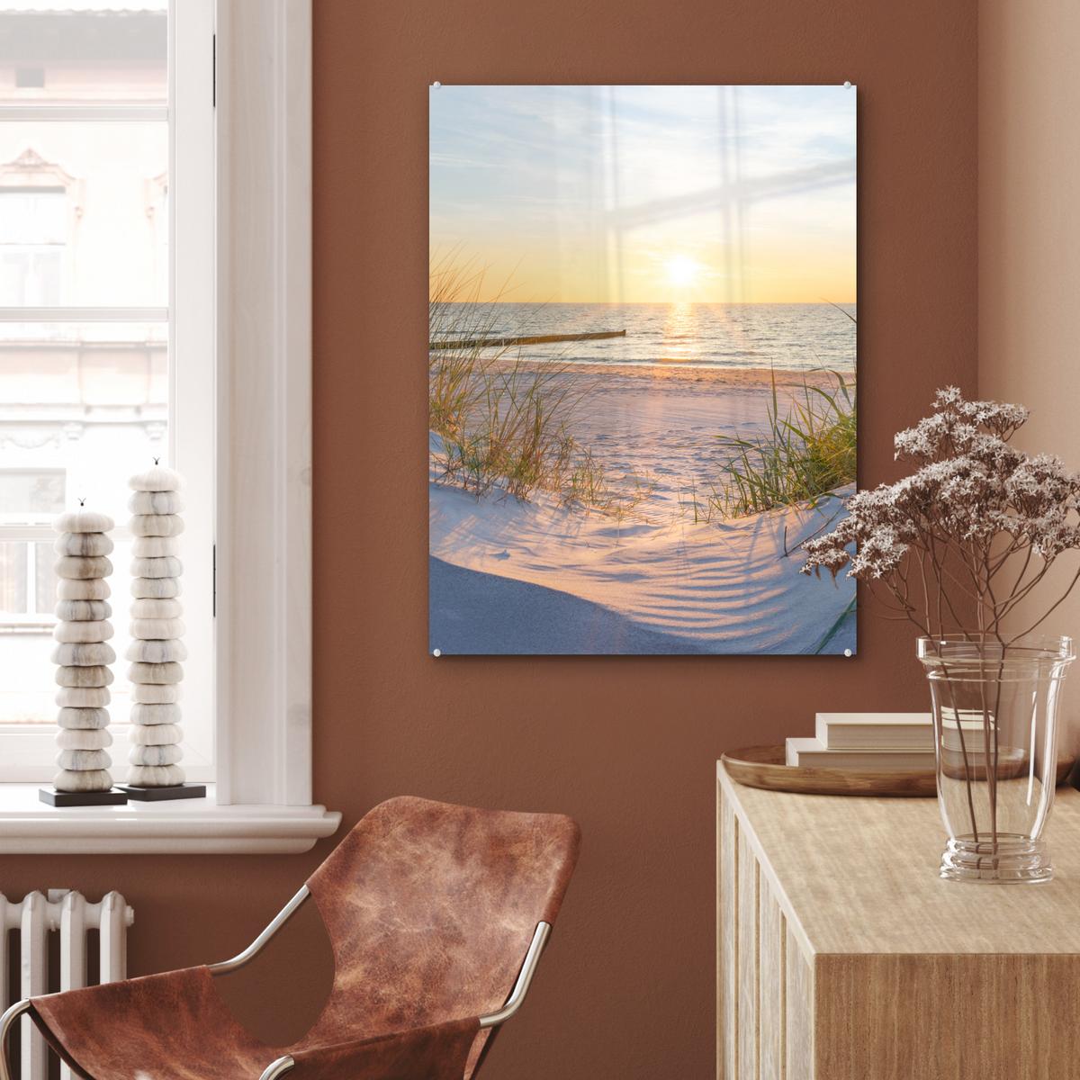 ACRYLGLASBILD Strand - Sonne - Düne - Gras - Sand - Horizont 60x80 cm - Hellblau, Glas (60/80cm) - MuchoWow