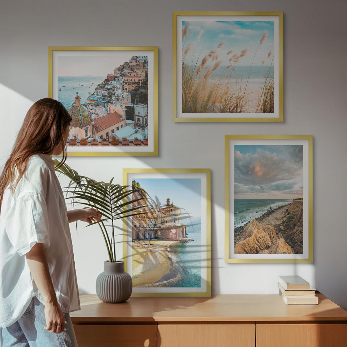 BILDER SET 4er Set - 50x50 cm & 40x60 cm Goldrahmen - Landschaften Strand Stadt Klippen - Goldfarben, Kunststoff (50/50cm) - TULUP
