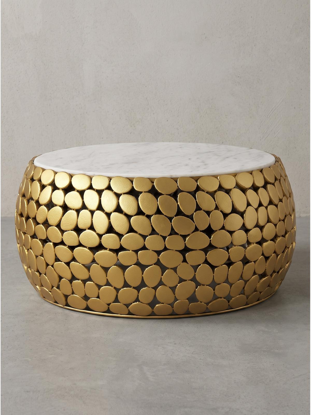 COUCHTISCH DIEMEL, Marmor, handgefertigt, Gold-Weiß, Ø 66 x 32 cm - Goldfarben, Stein/Metall (66/66/32cm) - KADIMA DESIGN