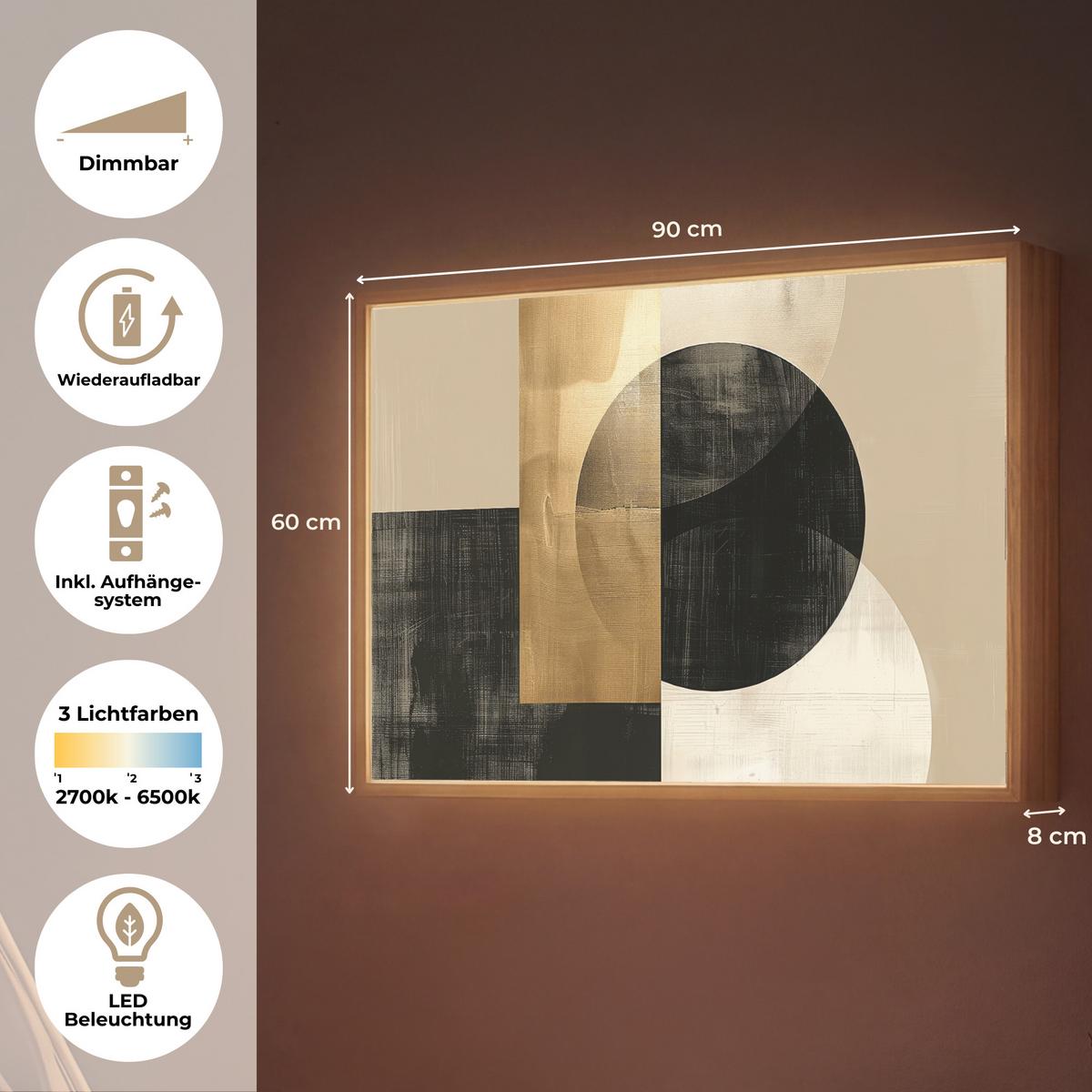 WANDLEUCHTE MIT AKKU Abstrakt - Modern - Schwarz - Gold 90x60 cm - Sandfarben, Holzwerkstoff (90/60/8cm) - OnlyWow