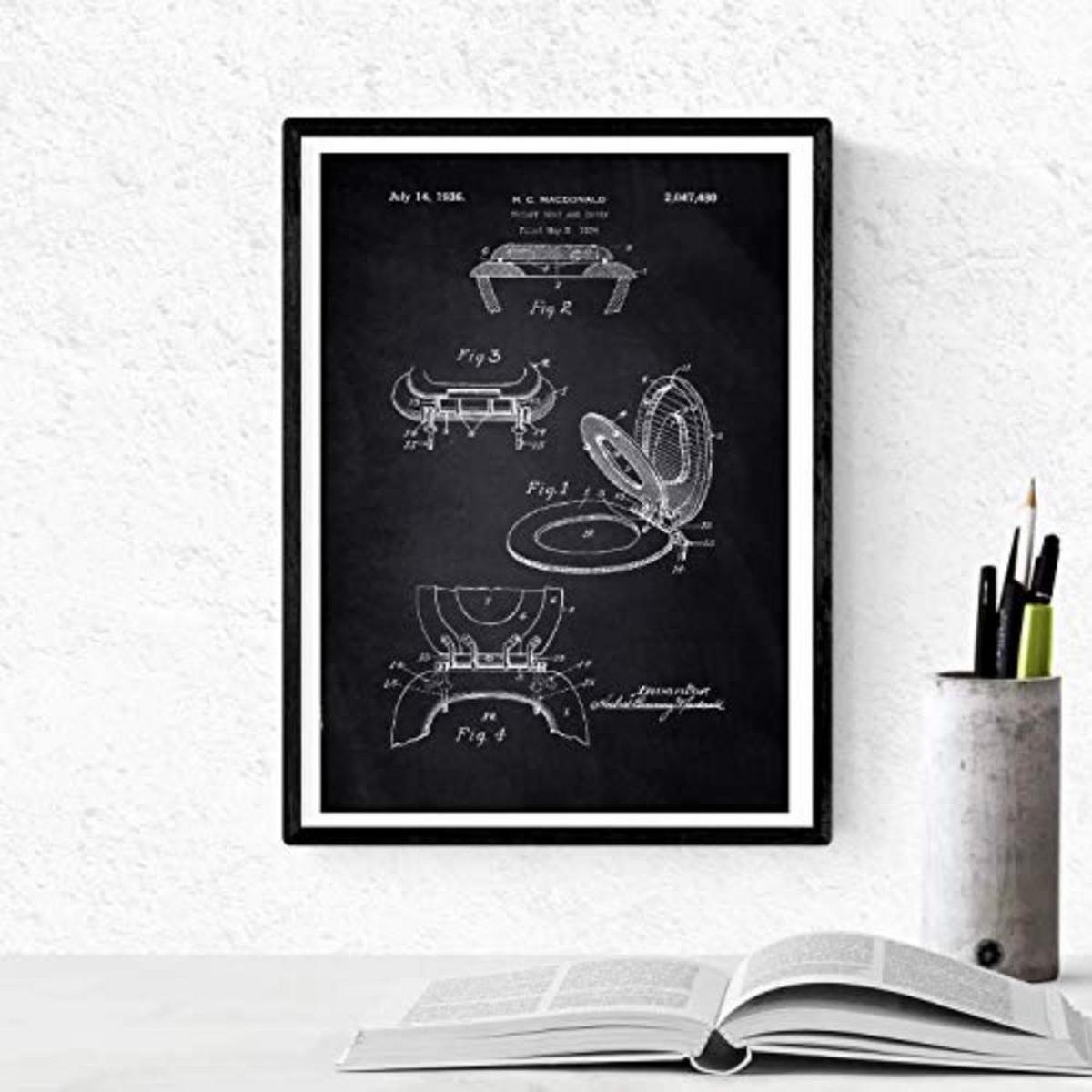 POSTER Set mit 4 Schwarz Badezimmer Patent A4 Schwarzer Rahmen - Schwarz, Papier (29.7/3cm) - Nacnic
