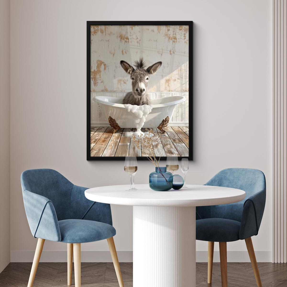 POSTER MIT RAHMEN Esel - Tiere - Badewanne - Schaumstoff Posterleiste 60x80 cm - Weiß, Papier (60/80cm) - MuchoWow