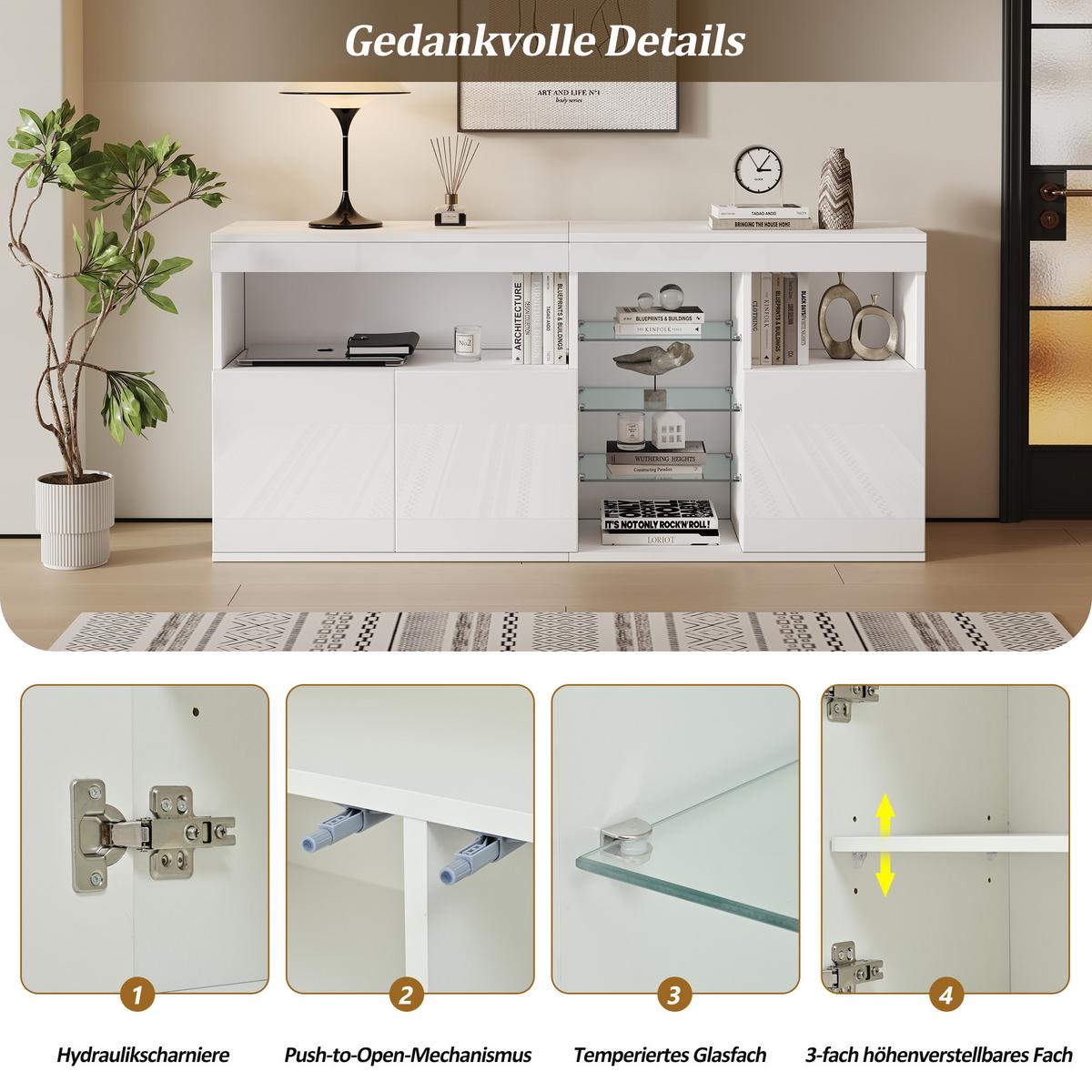 SIDEBOARD in Weiß Hochglanz mit App-gesteuerter LED - Weiß, Holzwerkstoff (155/72/35cm) - Urban Meuble