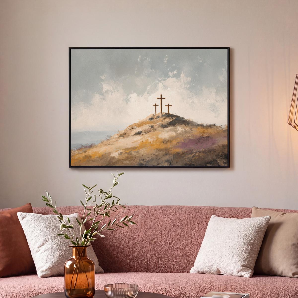 LEINWAND Bilder mit Rahmen - Hügel - Abstrakt - Christentum - Kreuz - 70x50 - Hellgrau, Textil (70/50cm) - MuchoWow