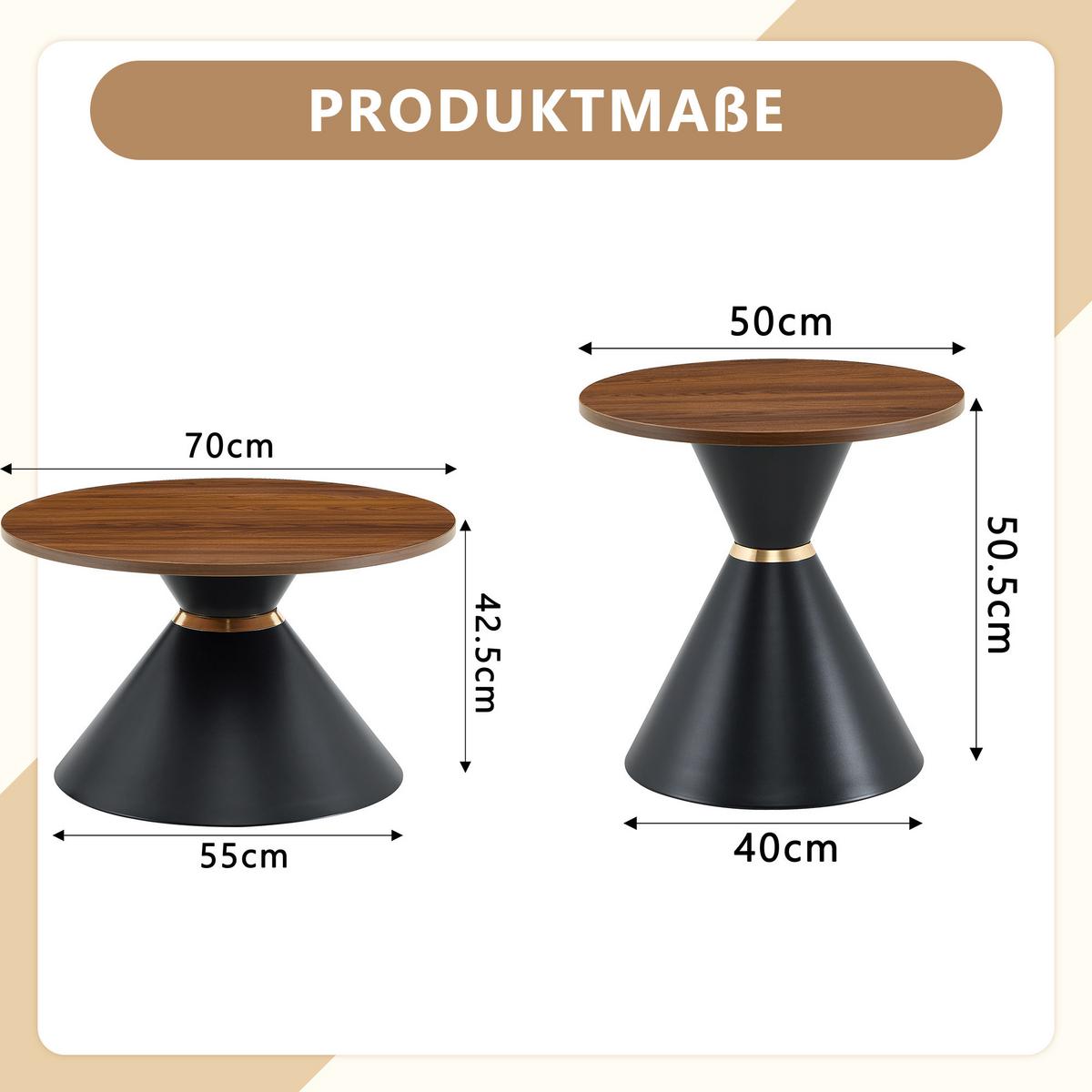 COUCHTISCH-SET Walnussoptik & Metall Schwarz Konusform - Walnussfarben, Metall (70/70/42.5cm) - Urban Meuble
