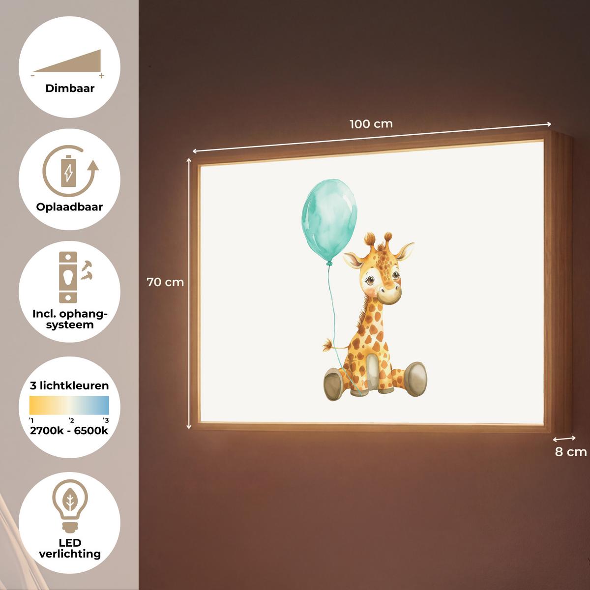 WANDLEUCHTE MIT AKKU Giraffe - Baby - Tiere - Blauer Ballon 100x70 cm - Weiß, Holzwerkstoff (100/70/8cm) - OnlyWow