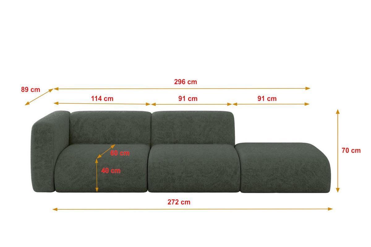 SOFA Ottomane Links MIRA-S3 296x89x70 Grün Velours - Schwarz/Grün, Holzwerkstoff/Kunststoff (296/70/89cm) - ALTDECOR