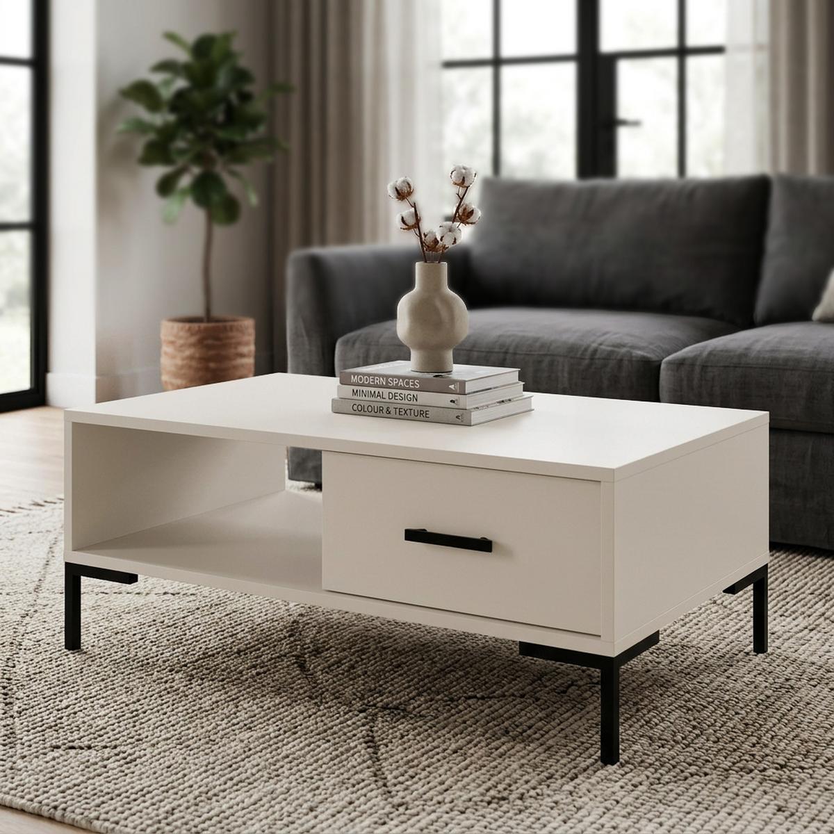 COUCHTISCH Selena mit Schublade und offenem Fach, Metallfüße, Selbstschließer, Kaschmir, 100x60 cm - Kaschmir/Schwarz, Holzwerkstoff/Metall (60/100/47cm) - Beautysofa