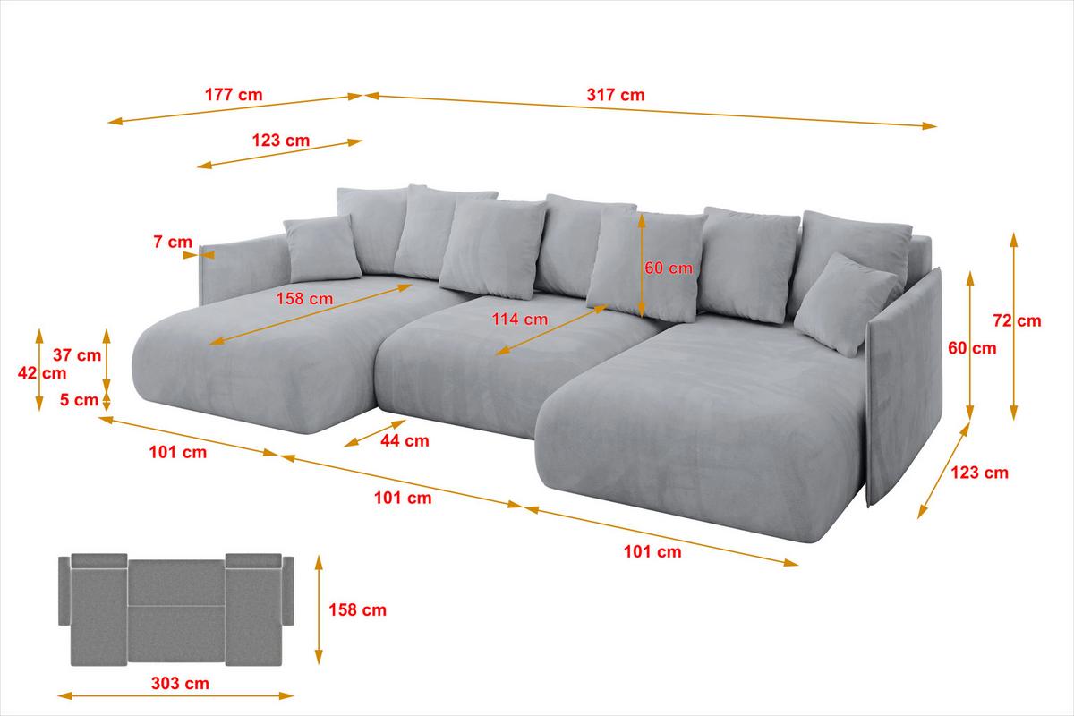 WOHNLANDSCHAFT mit Schlaffunktion und Bettkasten ONESK-U 317x177x72 Hellgrau Velours - Titanfarben, Holzwerkstoff/Kunststoff (317/72/177cm) - ALTDECOR