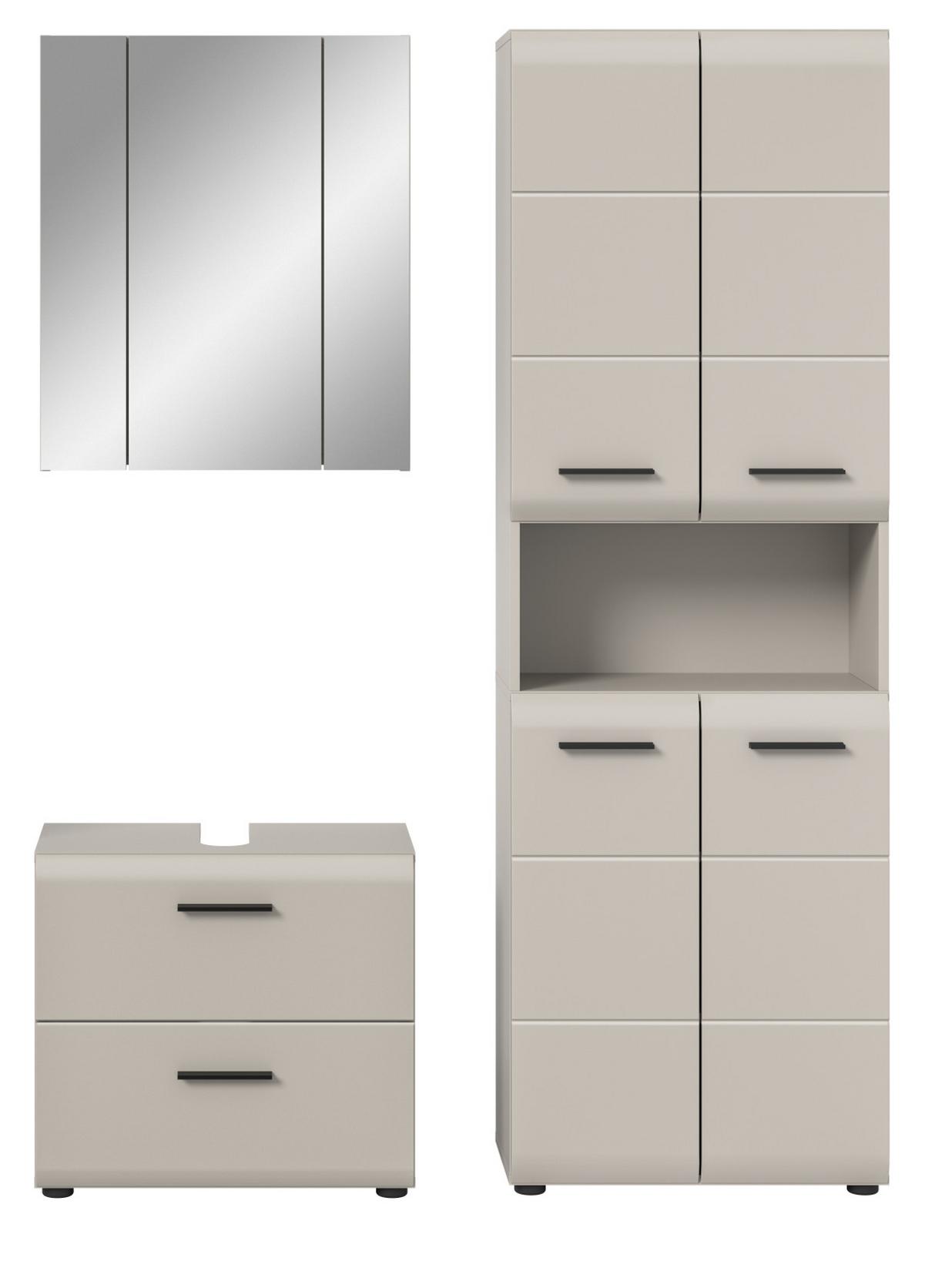 BADMÖBEL-SET Kaschmir 3-teilig 135 cm, Komplettset mit XL Hochschrank - Kaschmir/Schwarz, Glas/Holzwerkstoff (135/185/30cm) - Inn.Furn