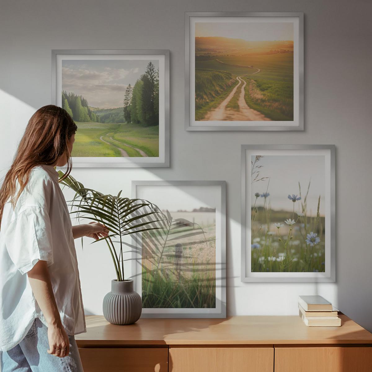 BILDER SET 4er Set - 50x50 cm & 40x60 cm Silberner Rahmen - Landschaften Natur Felder Sonne - Silberfarben, Kunststoff (50/50cm) - TULUP