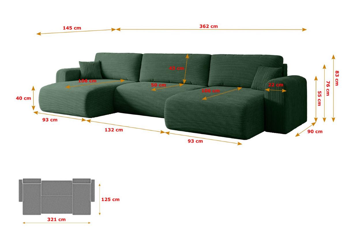 WOHNLANDSCHAFT mit Schlaffunktion und Bettkasten ORRO-U - 362x145x83 cm Grün Cord - Schwarz/Grün, Holzwerkstoff/Kunststoff (362/83/145cm) - ALTDECOR