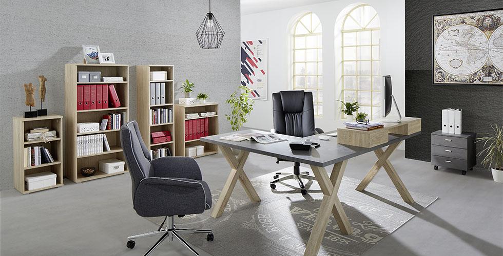 Schlichtes Arbeitszimmer mit Schreibtisch, Regalen und Rollcontainer in Graphitfarben und Braun von mömax.