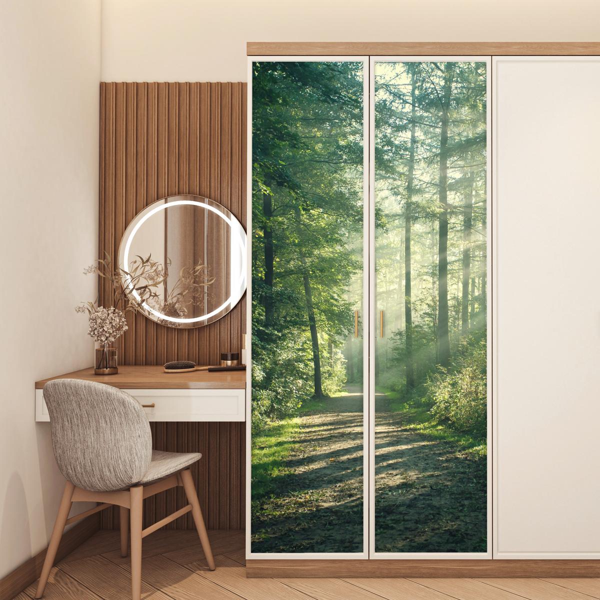 TÜRAUFKLEBER Wald - Weg - Sonne - Bäume - Grün - Natur 90x215 cm - Türtapete - Waldgrün, Kunststoff (90/0.1cm) - MuchoWow