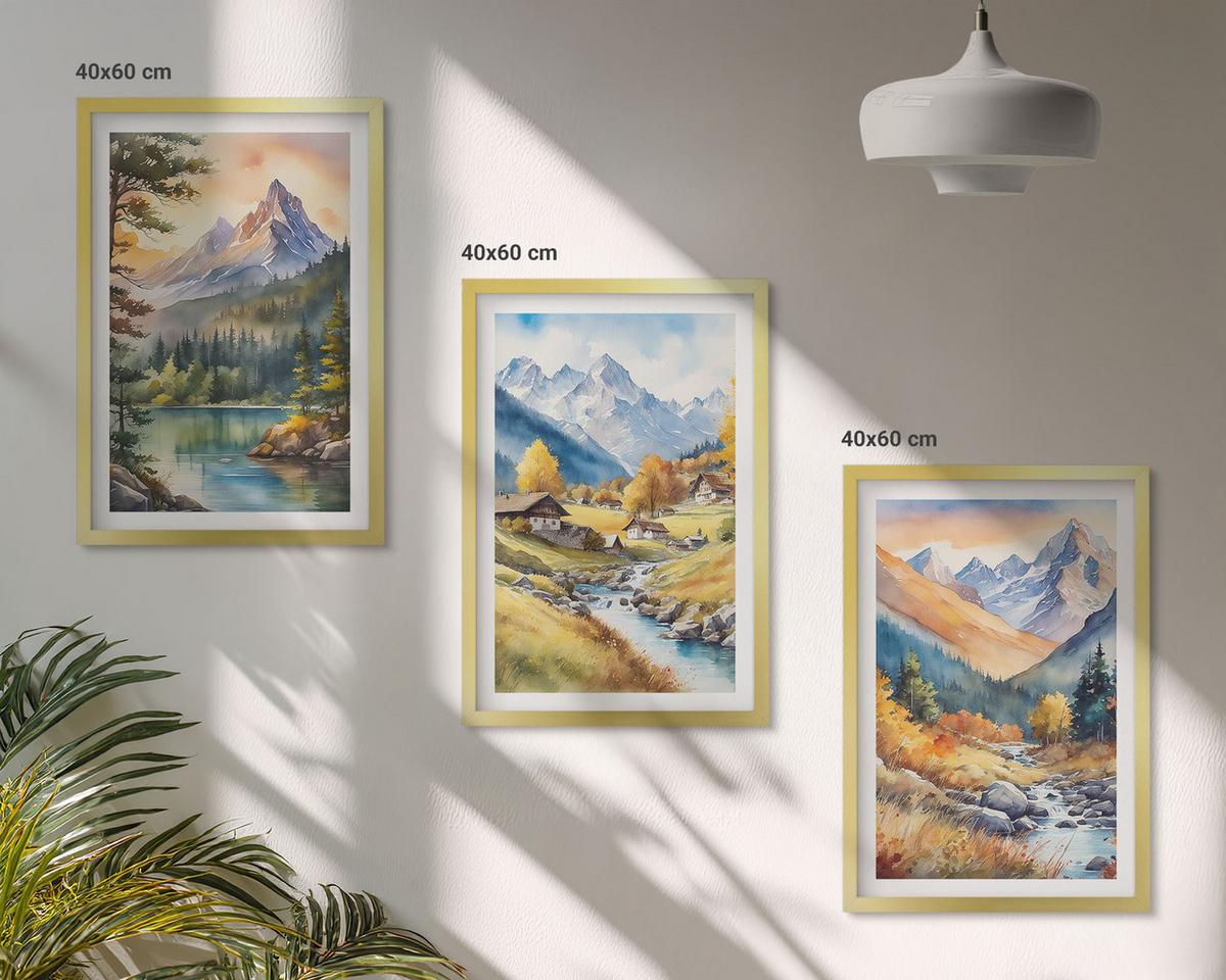 BILDER SET 3er Set - 40x60 cm Goldrahmen - Berglandschaft mit einem Fluss - Goldfarben, Kunststoff (40/60cm) - TULUP