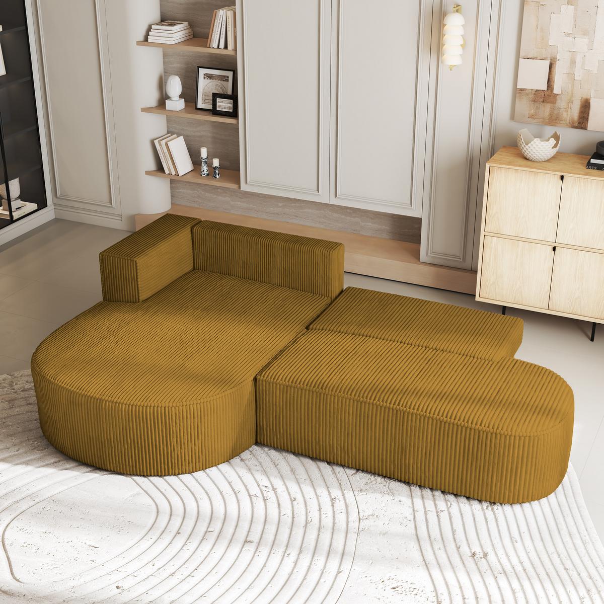 ECKSOFA CORTIO P L-S Gelb Kordstoff mit Schlaffunktion - Gelb, Holz (265/174cm) - MASSENO