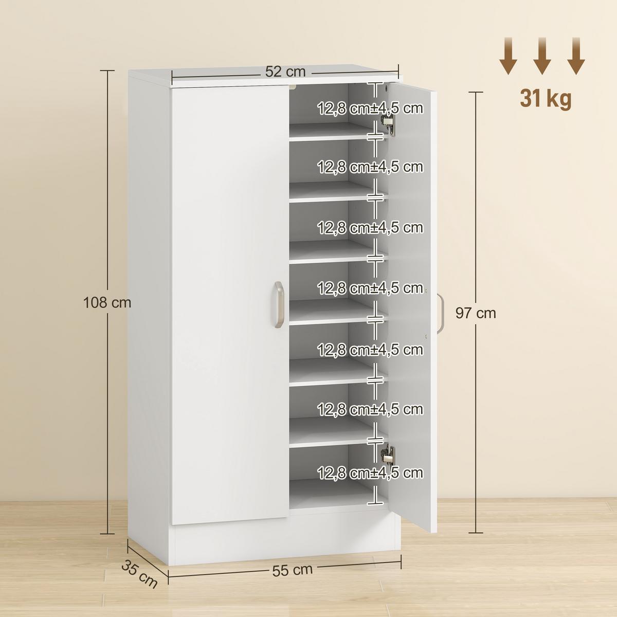 SCHUHSCHRANK mit Soft-Close-Tür, verstellbare Regale, für 14 Paare, Weiß - Alufarben/Weiß, Holzwerkstoff/Metall (55/108/35cm) - HOMCOM