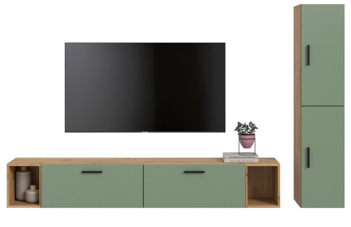 WOHNWAND grün, Eiche Artisan 249 x 184 cm, Wohnkombination hängend / stehend - Schwarz/Eiche Artisan, Holzwerkstoff/Kunststoff (249/184/34cm) - Inn.Furn