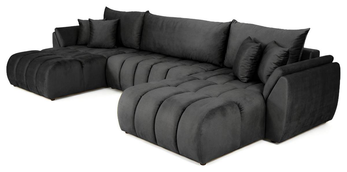 ECKSOFA Iris U mit Schlaffunktion und Bettkasten, U-Form – Grau Samt 382/184/85 cm - Schwarz/Grau, Kunststoff/Textil (382/184cm) - WFL GROUP