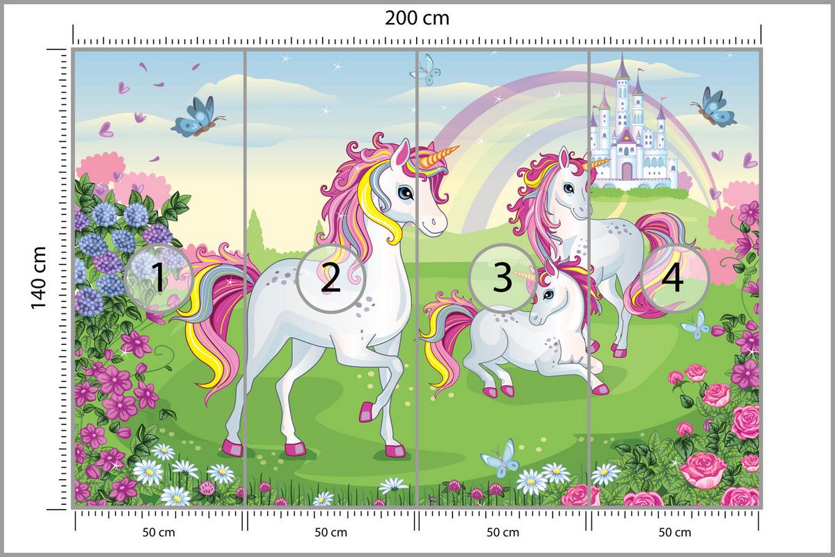 FOTOTAPETE für Kinderzimmer Einhorn Schloss Blumen Märchen 200x140 - Gelb/Violett, Papier (200/140cm) - Muralo