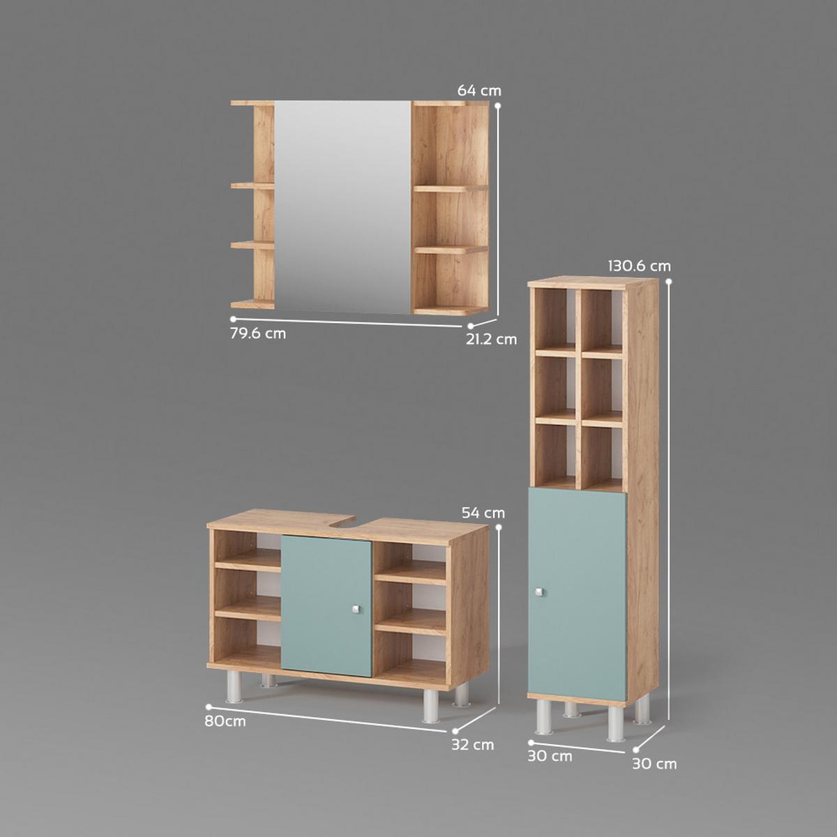 BADMÖBEL-SET Fucino Grün 3 Teile, mit Midischrank Tür groß - Grün, Holzwerkstoff (80/54/32cm) - Livinity®