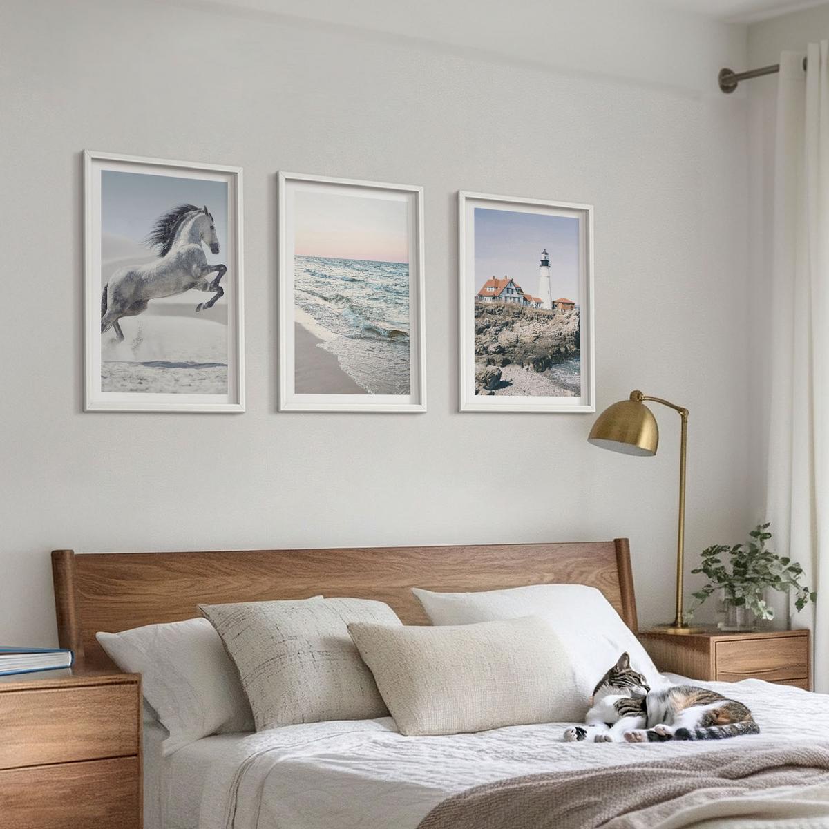 BILDER SET 3er Set - 40x60 cm Weißer Rahmen - Pferde, Strand, Leuchtturm, Wellen - Weiß, Kunststoff (40/60cm) - TULUP