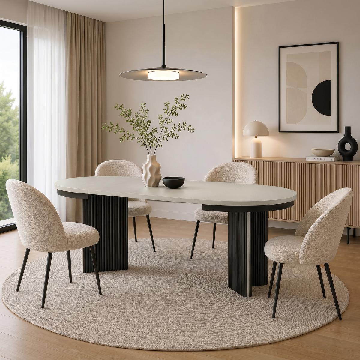 ESSTISCH Prestige runder Design-Tisch, ausziehbar Ø 100–180 cm, Kaschmir+Kaschmir/Schwarz - Kaschmir/Schwarz, Metall (100/100/77cm) - Beautysofa