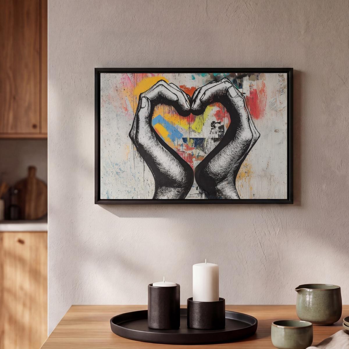 LEINWAND Bilder mit Rahmen - Hände - Herz - Straßenkunst - Graffiti - 30x20 - Multicolor, Textil (30/20cm) - MuchoWow