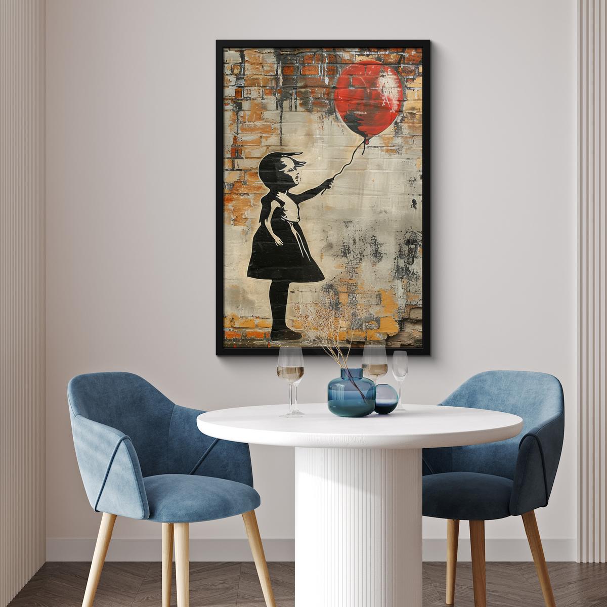 POSTER MIT RAHMENGERAHMTES BILD Graffiti - Banksy - Mädchen - Straßenkunst 60x90 cm - Sandfarben, Papier (60/90cm) - MuchoWow